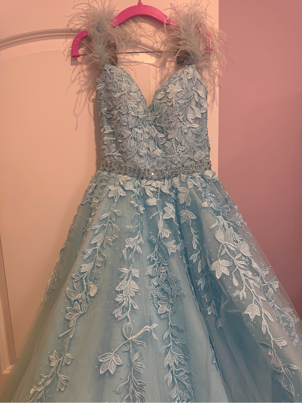 Sherri Hill Light Blue Floral Appliqué Tulle Prom Gown with Feather Straps